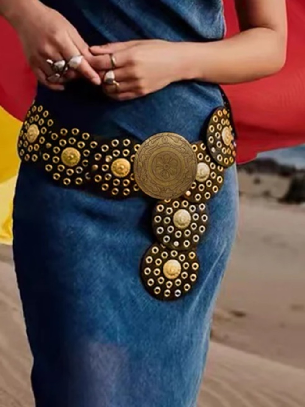 Brown Belt with Gold Medallion Accents - Women OS